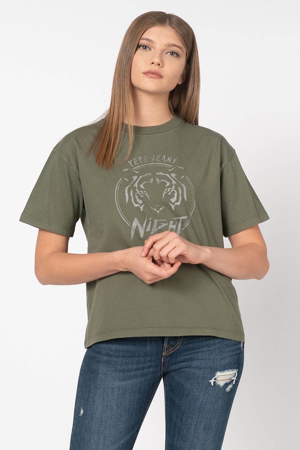 Pepe Jeans London, Tricou cu imprimeu stralucitor Charlotte, Verde militar