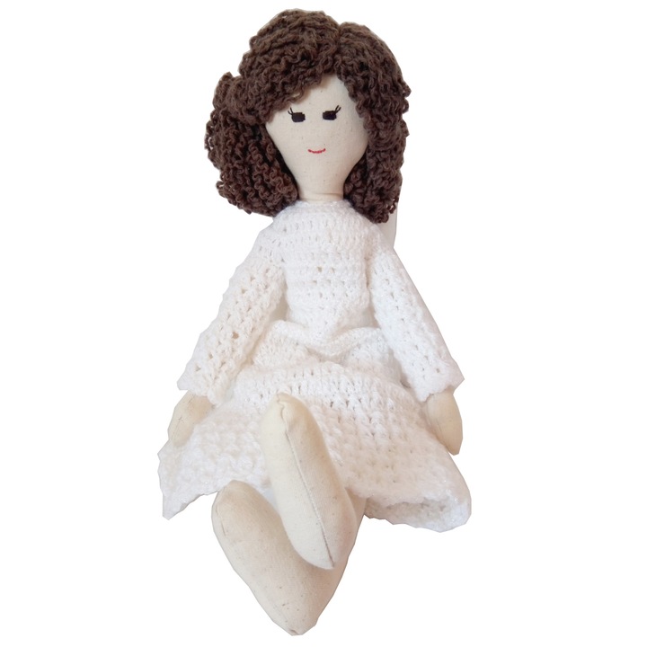 Ingerul rabdarii, papusa realizata manual, inaltime 40 cm, Dar cu dor, rochita alba, crosetatata, unicat