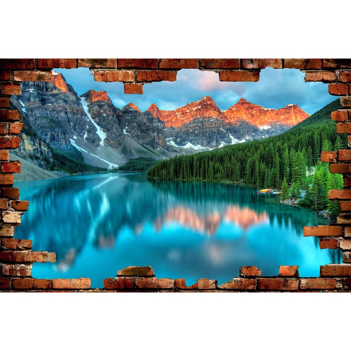 Sticker decorativ peisaj lac munte iluzie 3D 135x90 cm