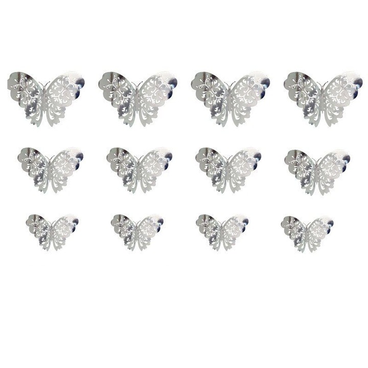 3D декоративни стикери за стена, модел на пеперуда, сребристи, 12 бр./компл