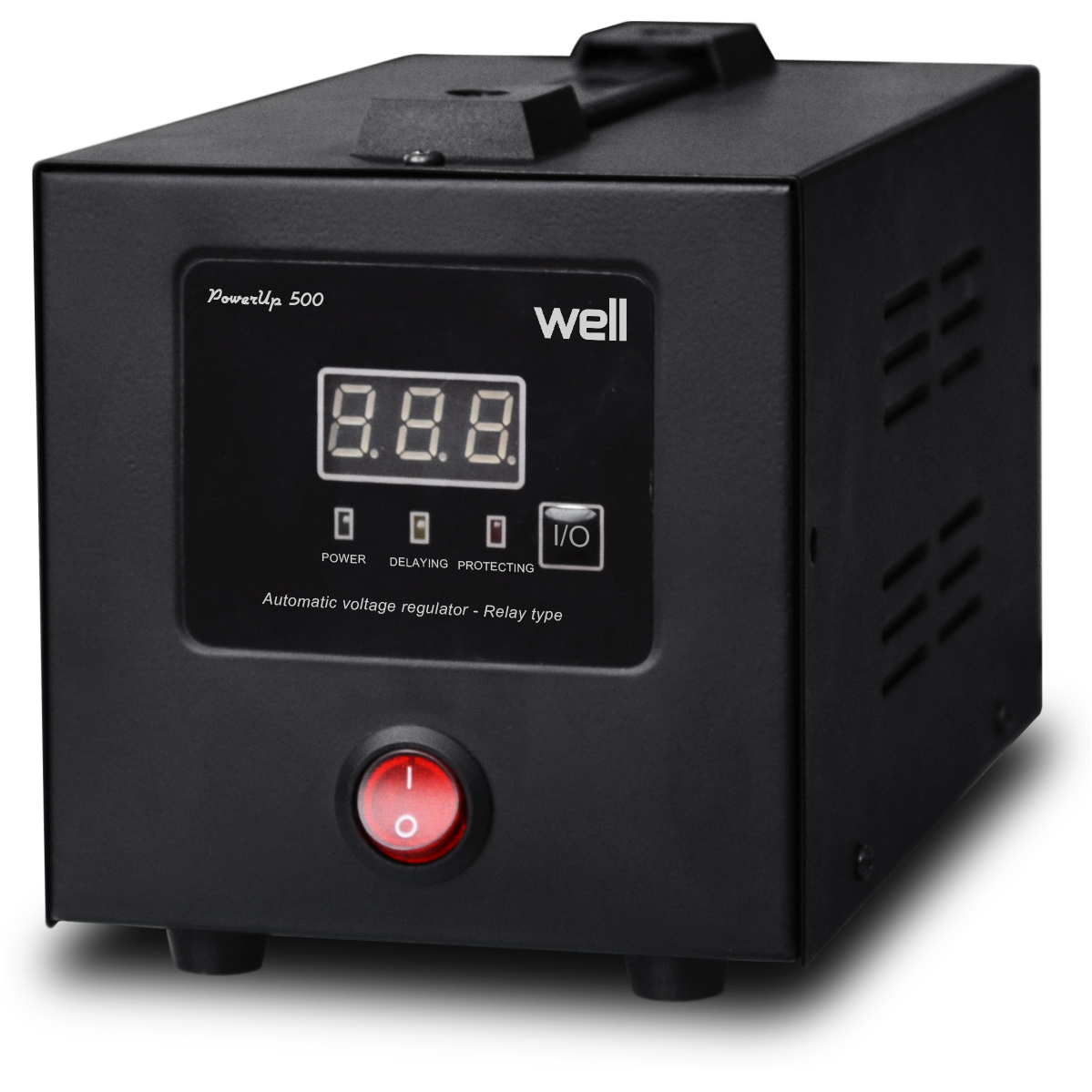 Stabilizator automat de tensiune cu releu, WELL PowerUp, 500VA/300W, Monofazic, Tip conector: 1xSchuko, Protectie: supraincalzire, scurtcircuit