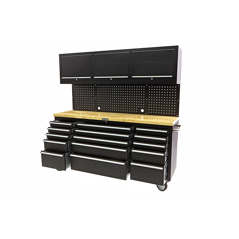 Dulap scule metalic cu panou, HBM, Blat lemn masiv, Negru, 198 x 51 x 186 cm