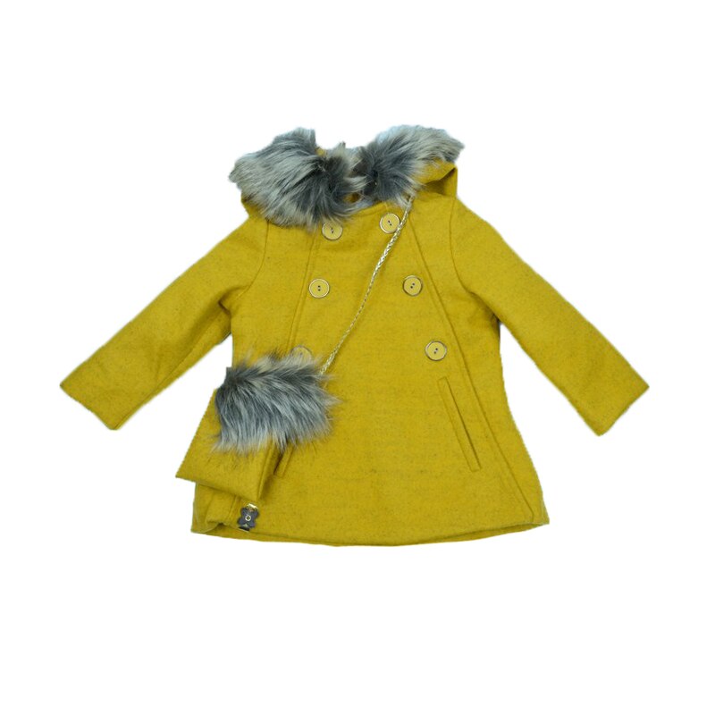 Palton pentru fetite NN, cu nasturi si gluga cu blana, Galben