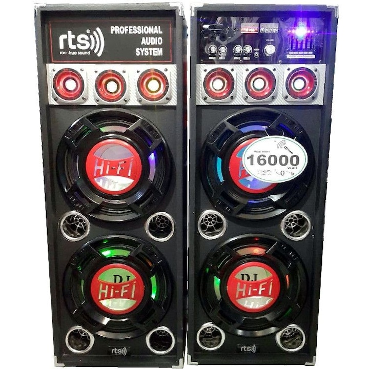 Комплект 2 активни и пасивни RTS тонколони, Bluetooth функция, RMS мощност 2 x 80 W, метални ъгли, дръжки за носене, включено дистанционно управление, LED дисплей, черен