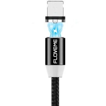 Cablu incarcare rapida 2A, cu led si conector magnetic 360 grade Lightning, 1m, negru, Floveme Cablu incarcare rapida 2A, cu led si conector magnetic 360 grade Lightning, 1m, negru, Floveme