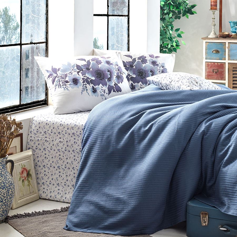 Lenjerie pat dublu bumbac 100% ,Anemone Indigo, Cotton Box ,4 piese