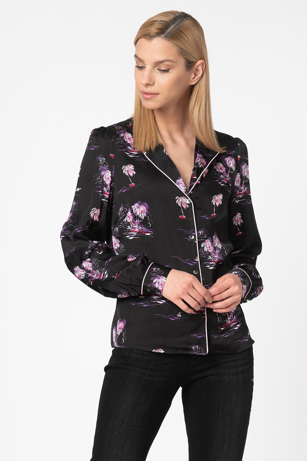 GUESS JEANS, Camasa vaporoasa cu model grafic, Negru/Violet