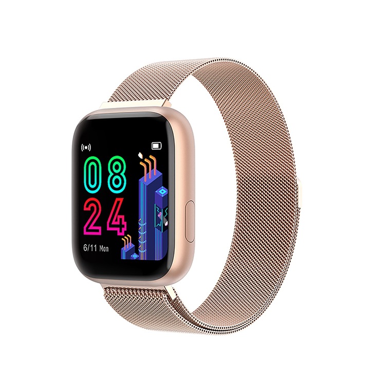 Ceas Smartwatch Twinkler TKY-P4 Metal cu functie de monitorizare ritm cardiac, Tensiune arteriala, Nivel oxigen, Distanta parcursa, Afisare mesaje, Prognoza meteo, Auriu