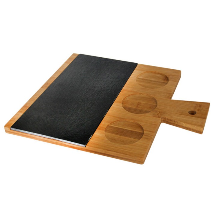 Platou de prezentare si servire RAKI bambus 35x30x1,5cm cu placa ardezie 30x15cm cu maner