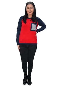 Pulovar tricotat Lara cu buzunar, D&J Exclussive, Bleumarin-rosu Pulovar tricotat Lara cu buzunar, D&J Exclussive, Bleumarin-rosu