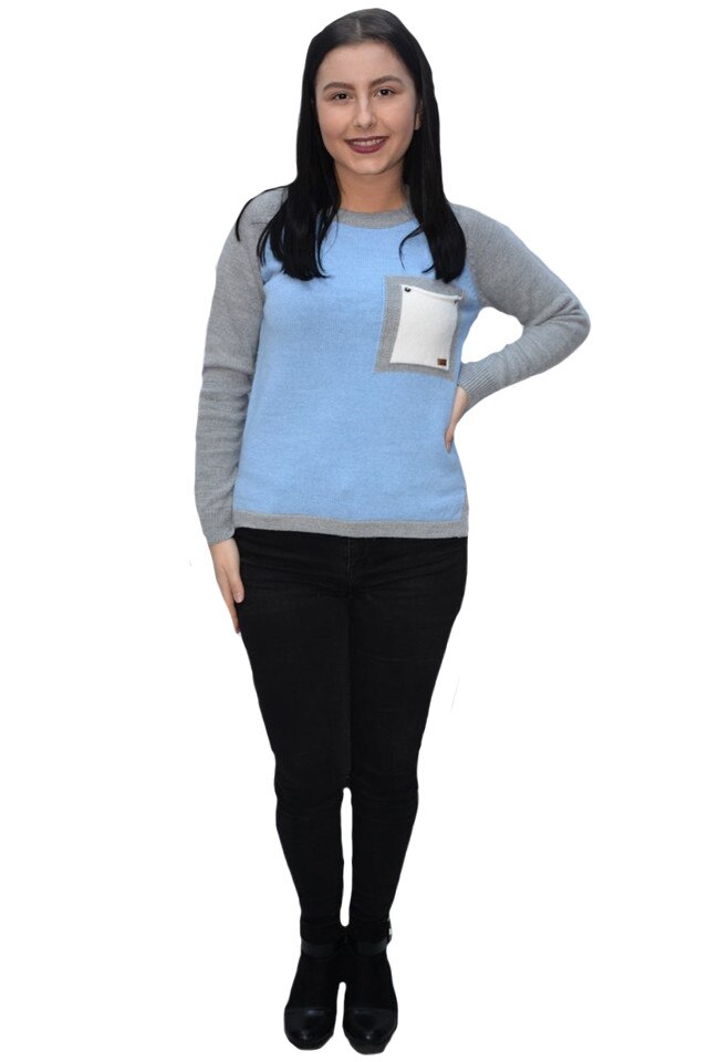Pulovar tricotat Lara cu buzunar, D&J Exclussive, Gri-Albastru