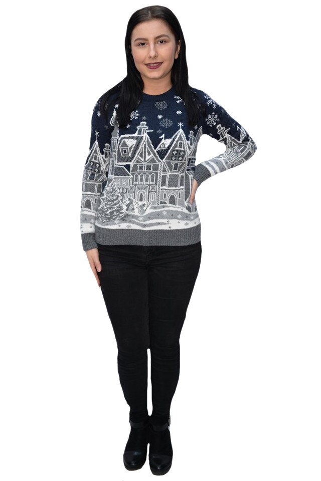 Pulovar tricotat cu fulgi de nea, D&J Exclussive, Albastru marin