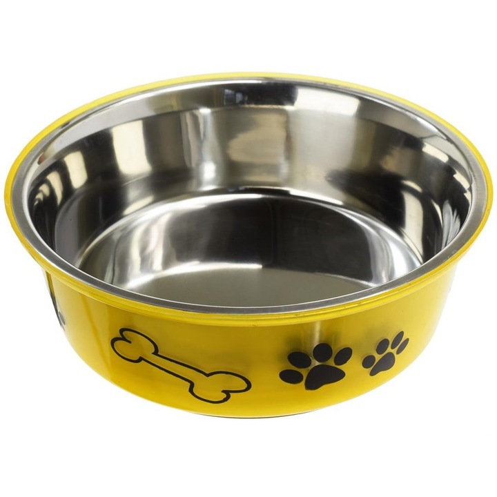 Castron Inox 900 ml, Model Clasic cu Invelis Exterior plastic, Baza Antiderapant, NAGO, 17 x 6.5 cm, Galben/Transparent