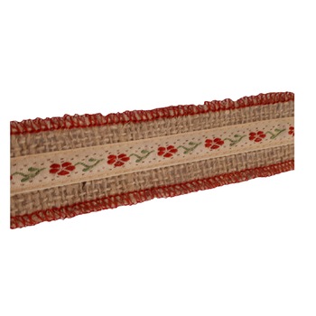 Banda decorativa din iuta cu aplicatie pe mijloc flori rosii, Topp Romania, Natur, 1 m Banda decorativa din iuta cu aplicatie pe mijloc flori rosii, Topp Romania, Natur, 1 m