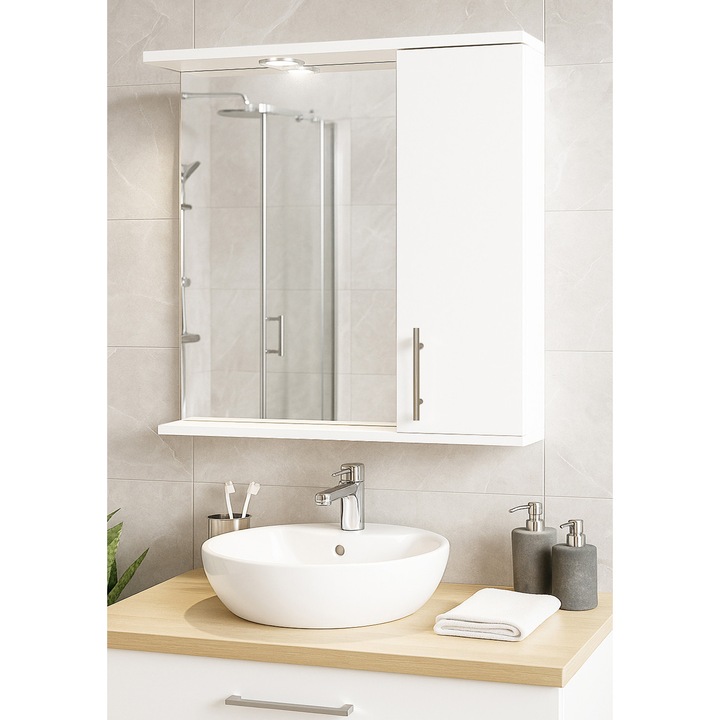 Oglinda cu dulap si iluminare led, Badenmob, inchiredre soft close, seria 020 - 70cm, Alb ultralucios