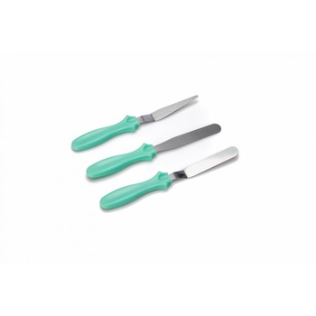 Set 3 spatule pentru decorare, 23 cm, lama din inox si maner plastic, Turcoaz/Argintiu Set 3 spatule pentru decorare, 23 cm, lama din inox si maner plastic, Turcoaz/Argintiu