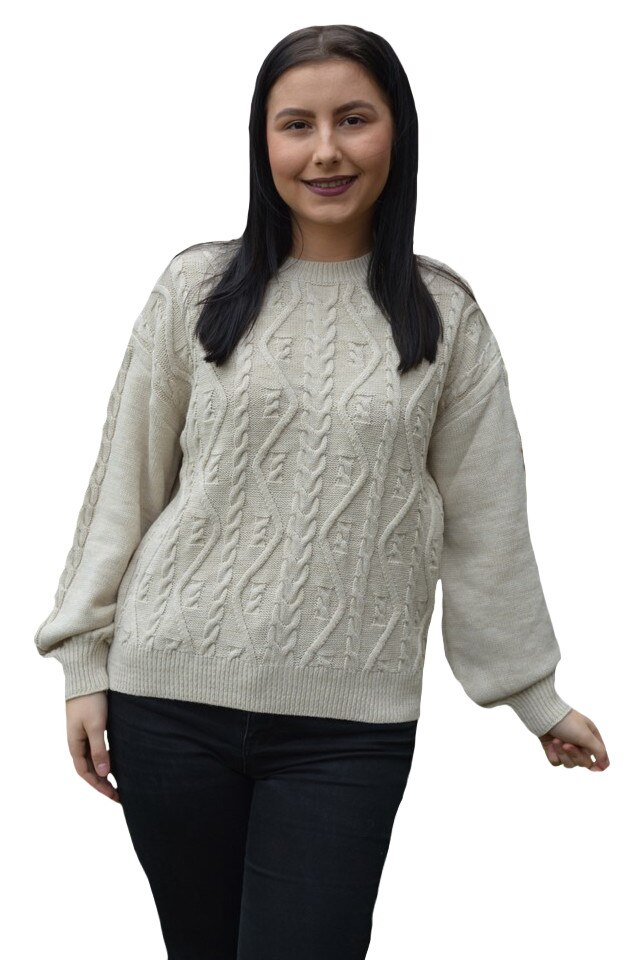 Pulovar tricotat Lara, cu model rafinat, D&J Exclussive, Crem