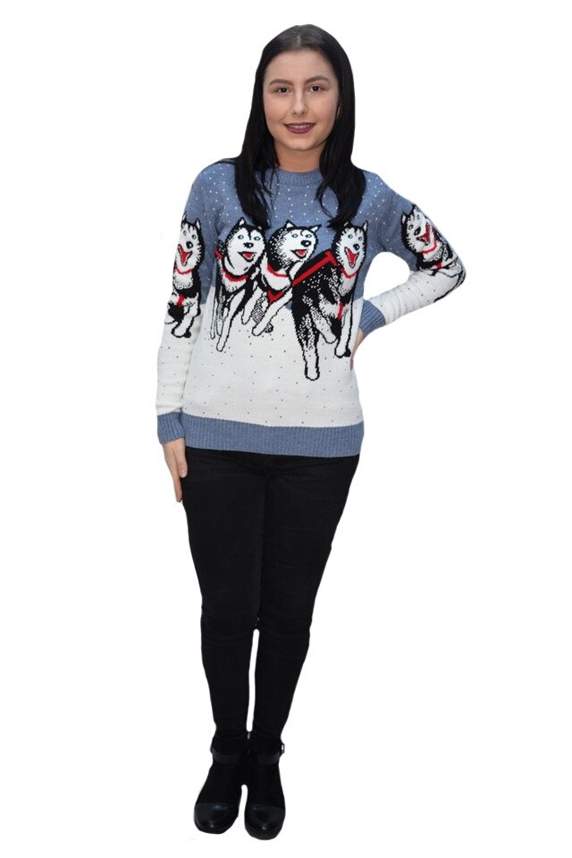 Pulover tricotat cu lupi, D&J Exclussive, Albastru