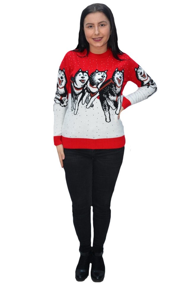 Pulovar tricotat cu ren, D&J Exclussive, Rosu