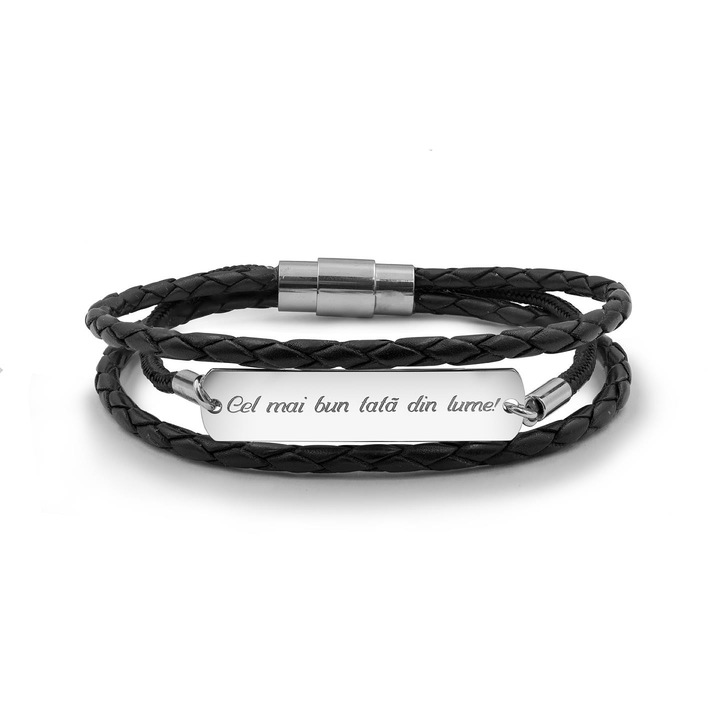 Bratara piele si paracord personalizata Graveaza Povestea Ta, Argint 925 Rodiat, Placuta 33 mm