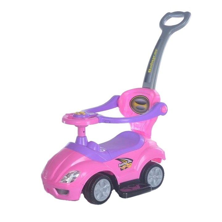 Masinuta de impins, Baby Mix, Mega Car, Pana la 23 kg, Cu maner de impins pliabil, Cu suport picioare, Cu protectii laterale detasabile, Cu melodii si claxon, Cu suport jucarii sub sezut, 12-36 luni, Pink