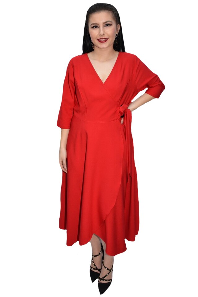 Rochie rafinata Eda,croi clos si decolteu in V,D&J Exclussive, rosu, Rosu