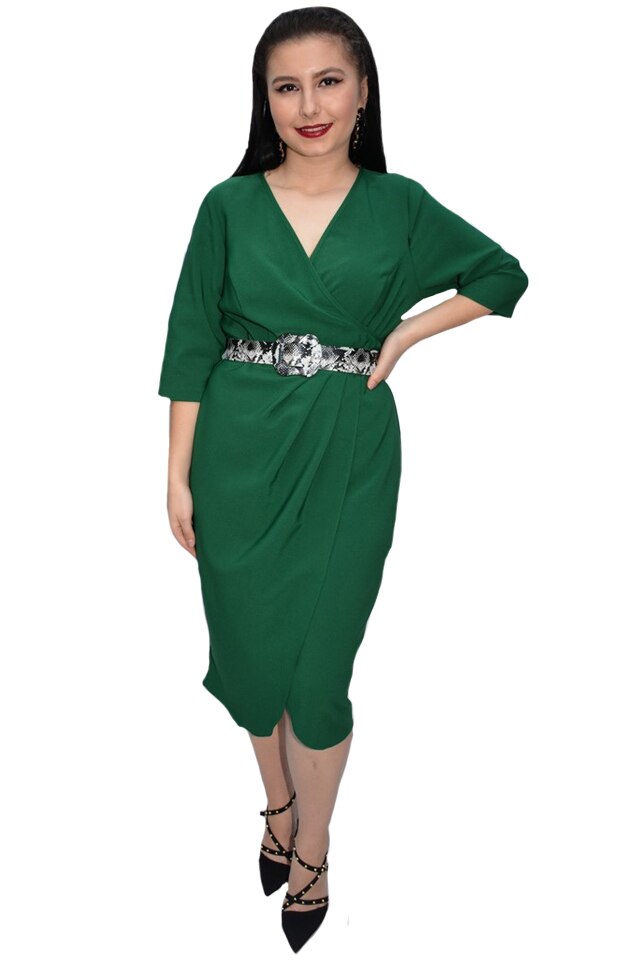 Rochie office Casia cambrata si decolteu in V,D&J Exclussive, Verde