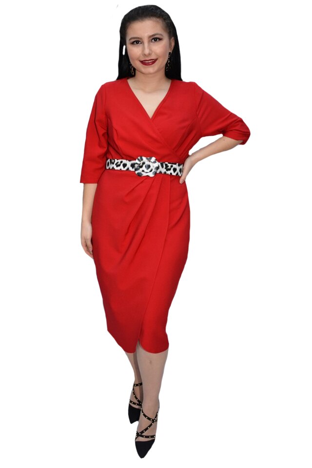 Rochie office Casia cambrata si decolteu in V,D&J Exclussive, Rosu