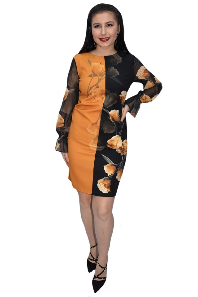 Rochie de ocazie ,imprimeu cu trandafiri ,D&J Exclussive, Mustar