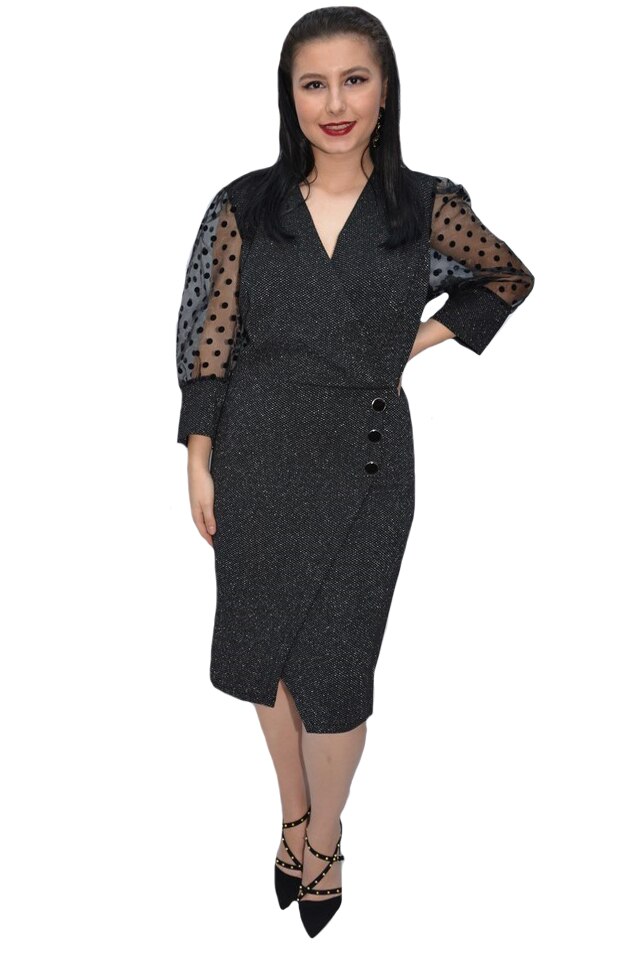 Rochie de ocazie cu maneci bufante si nasturi,D&J Exclussive, Negru