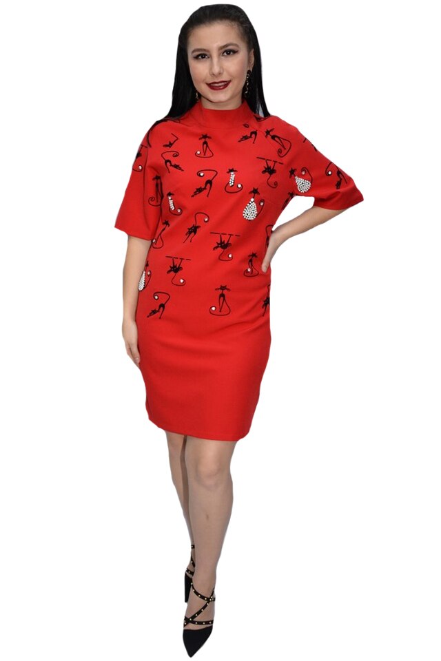 Rochie eleganta Jessica,model cu pisici,D&J Exclussive, Rosu