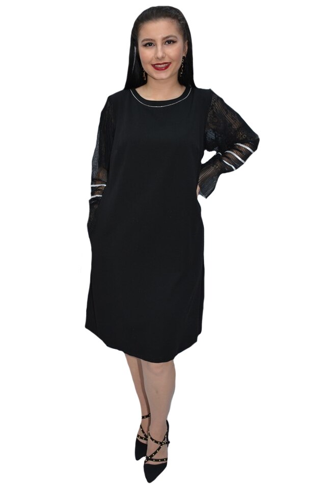 Rochie rafinata cu maneci din voal plisate,D&J Exclussive, Negru
