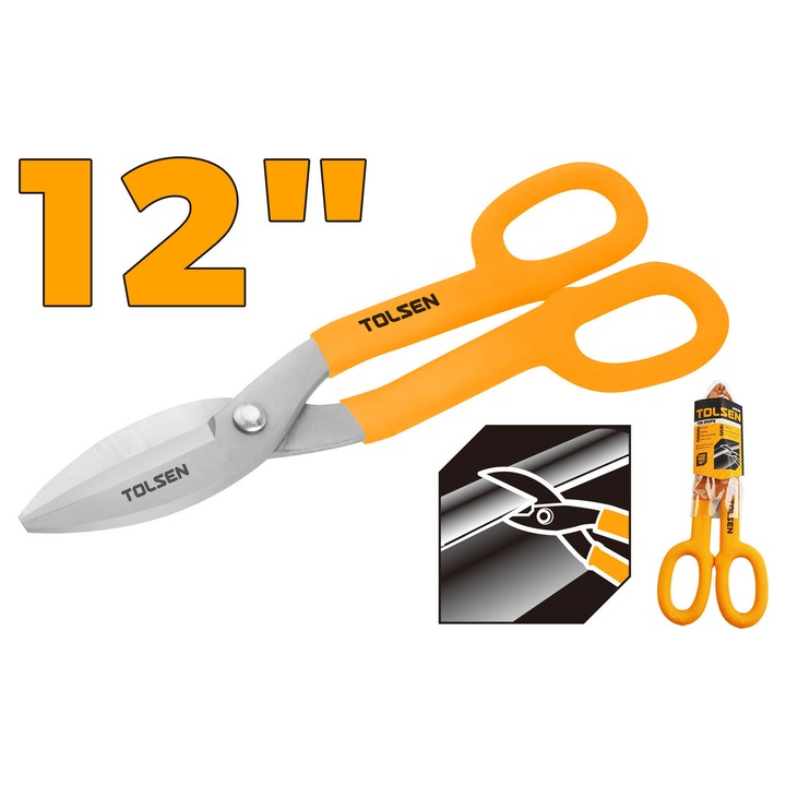 Foarfeca tabla TOLSEN 300mm (12"), otel forjat in matrita, maner inclinat, ideala pentru taiere precisa a tablei si a materialelor metalice subtiri