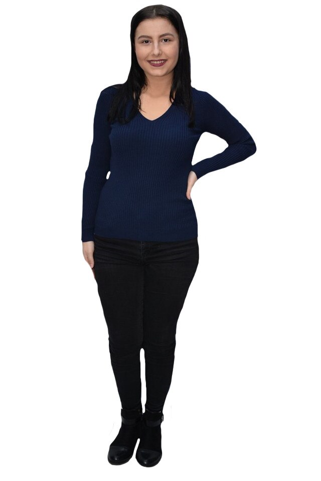 Bluza casual Kimmy,model simplu si decolteu in V,D&J Exclussive, Albastru marin