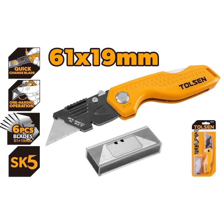 Cutter profesional TOLSEN 61x19mm cu 5 lame SK5, maner din aluminiu rezistent, schimbare rapida, ideal pentru carton gros, piele, PVC, materiale tehnice