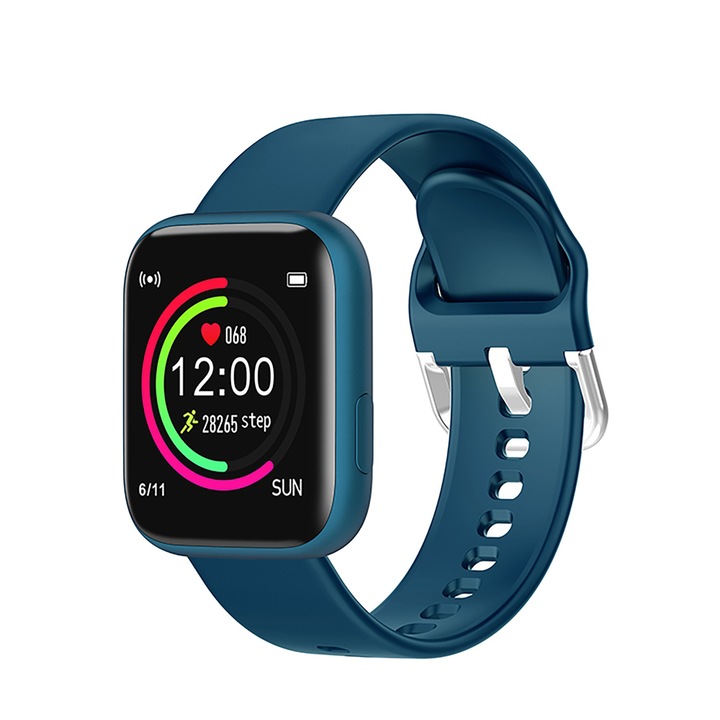 Ceas Smartwatch Twinkler TKY-P4 Silicon cu functie de monitorizare ritm cardiac, Tensiune arteriala, Nivel oxigen, Distanta parcursa, Afisare mesaje, Prognoza meteo, Albastru