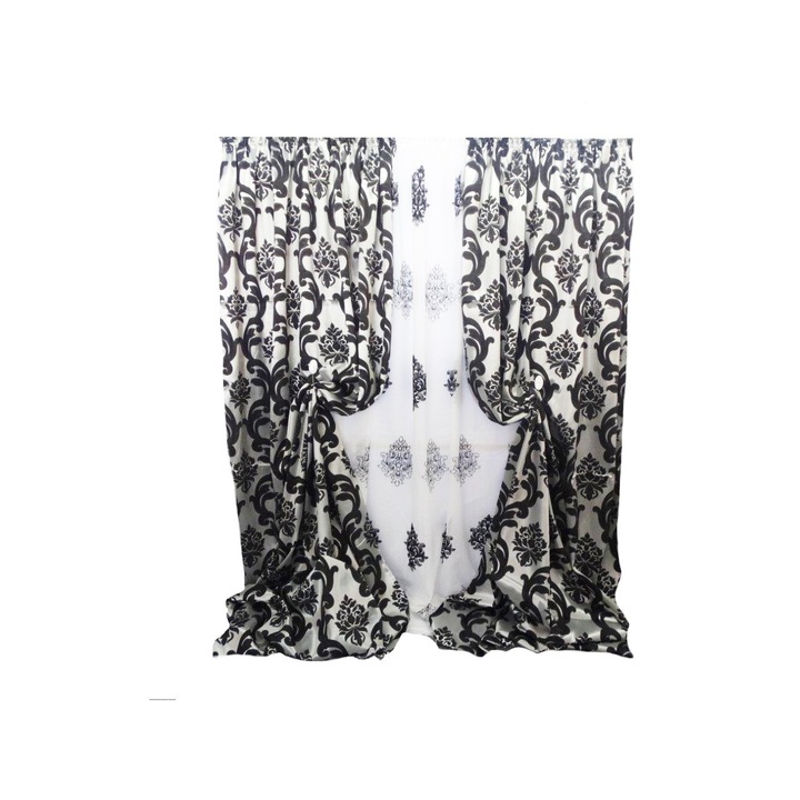 Set 2 draperii cu perdea, 2x150x270cm, 1x350x270cm, model arabesk complementar , culoare gri/negru