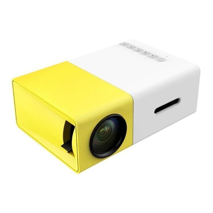 Мини портативен видео проектор, USB четец, microSD карта, HDMI вход, RCA, регулируема яснота, жълт