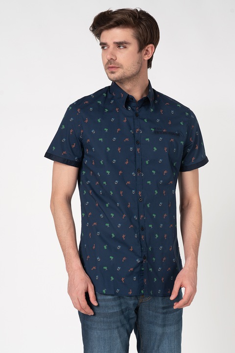 GUESS, Camasa cu maneci scurte si imprimeu tropical, Bleumarin