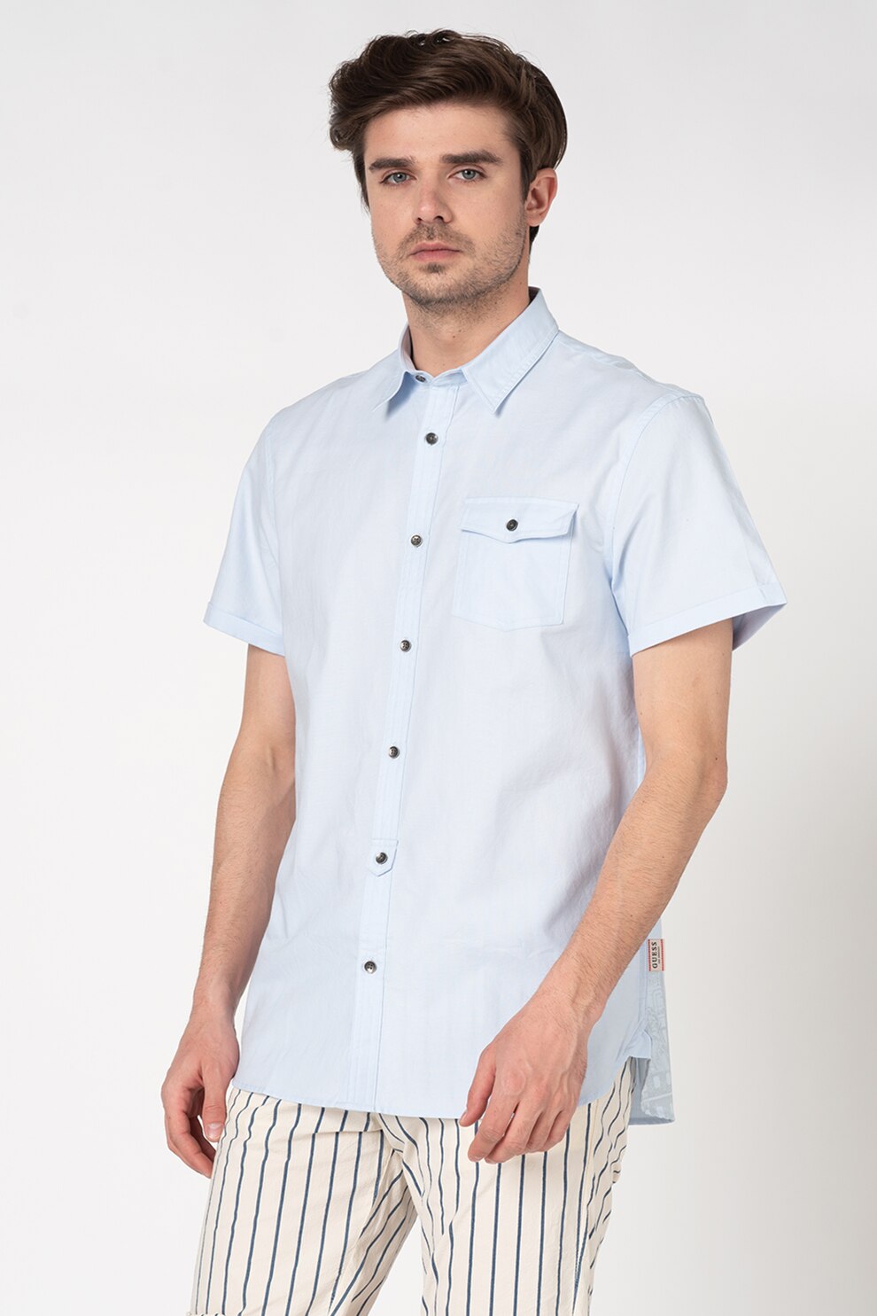 GUESS JEANS, Camasa din bumbac cu buzunar pe piept, Albastru azur, S