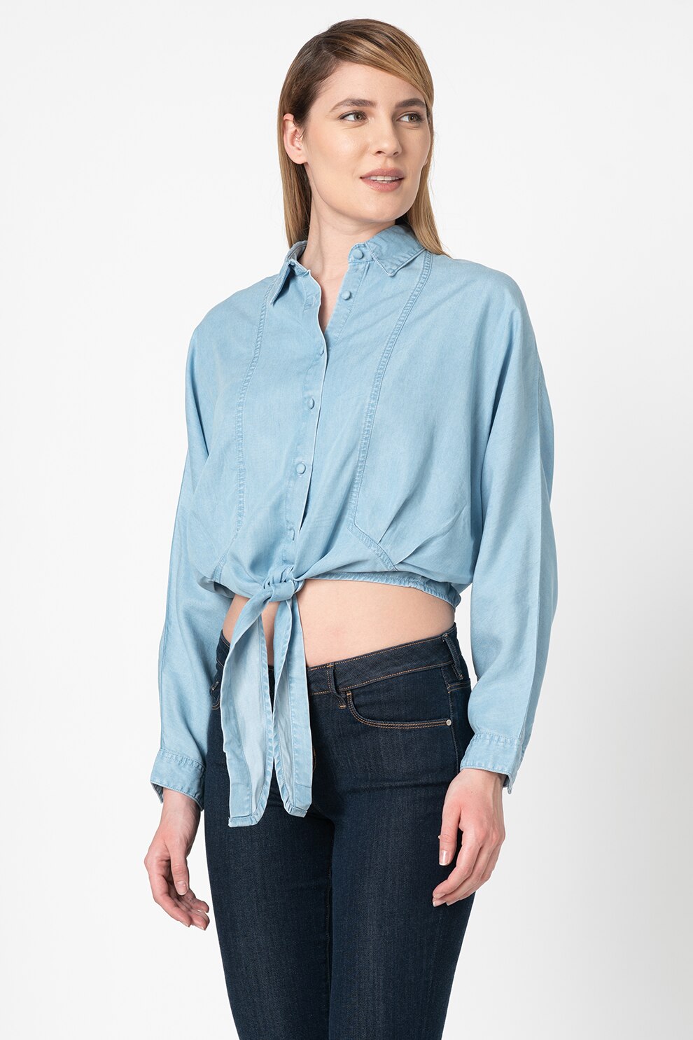 GUESS JEANS, Camasa crop de lyocell, Albastru lavanda