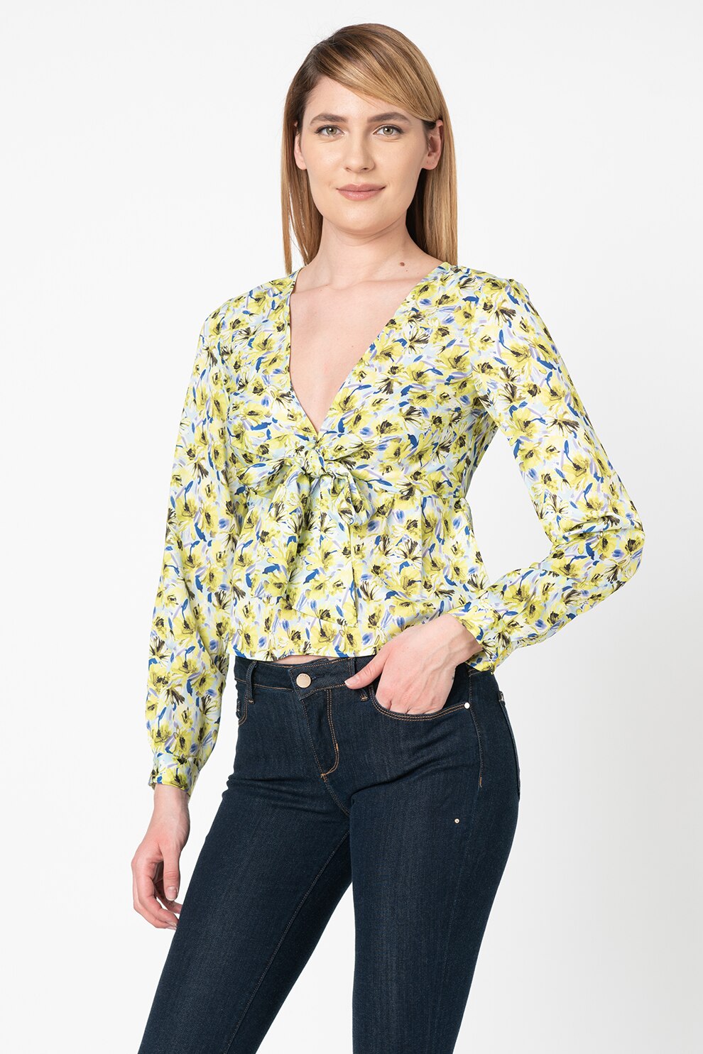 GUESS JEANS, Bluza scurta cu volan peplum, Verde lime/Albastru