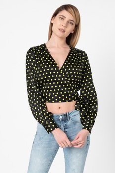 GUESS JEANS, Bluza din satin, cu decolteu cache-coeur si panglici, Negru/Verde neon GUESS JEANS, Bluza din satin, cu decolteu cache-coeur si panglici, Negru/Verde neon