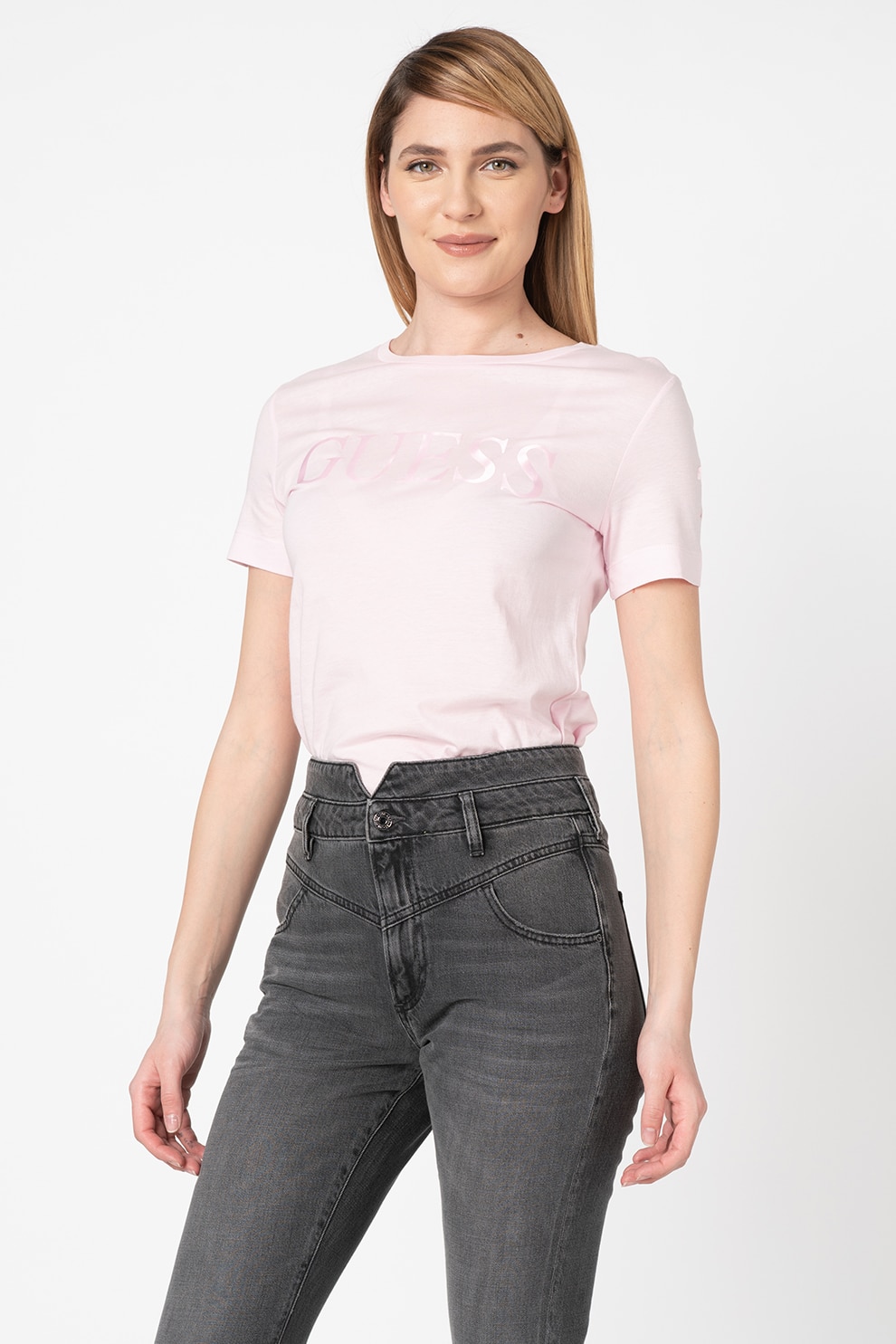 GUESS JEANS, Tricou din amestec de modal, cu imprimeu logo, Roz pal
