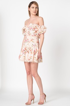 GUESS JEANS, Rochie mini cu decolteu pe umeri si imprimeu floral, Bej/Roz/Verde GUESS JEANS, Rochie mini cu decolteu pe umeri si imprimeu floral, Bej/Roz/Verde