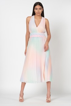 GUESS JEANS, Rochie midi evazata, cu pliuri si aspect in degrade GUESS JEANS x Jennifer Lopez, Multicolora GUESS JEANS, Rochie midi evazata, cu pliuri si aspect in degrade GUESS JEANS x Jennifer Lopez, Multicolora