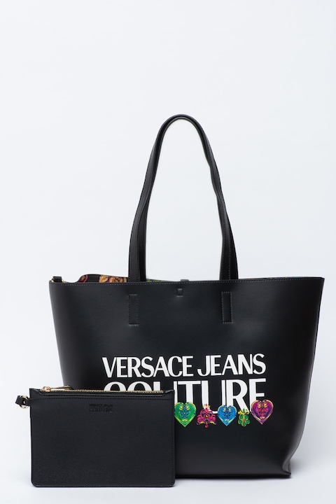 Versace Jeans Couture, Двулицева чанта от еко кожа, Черен/Бял