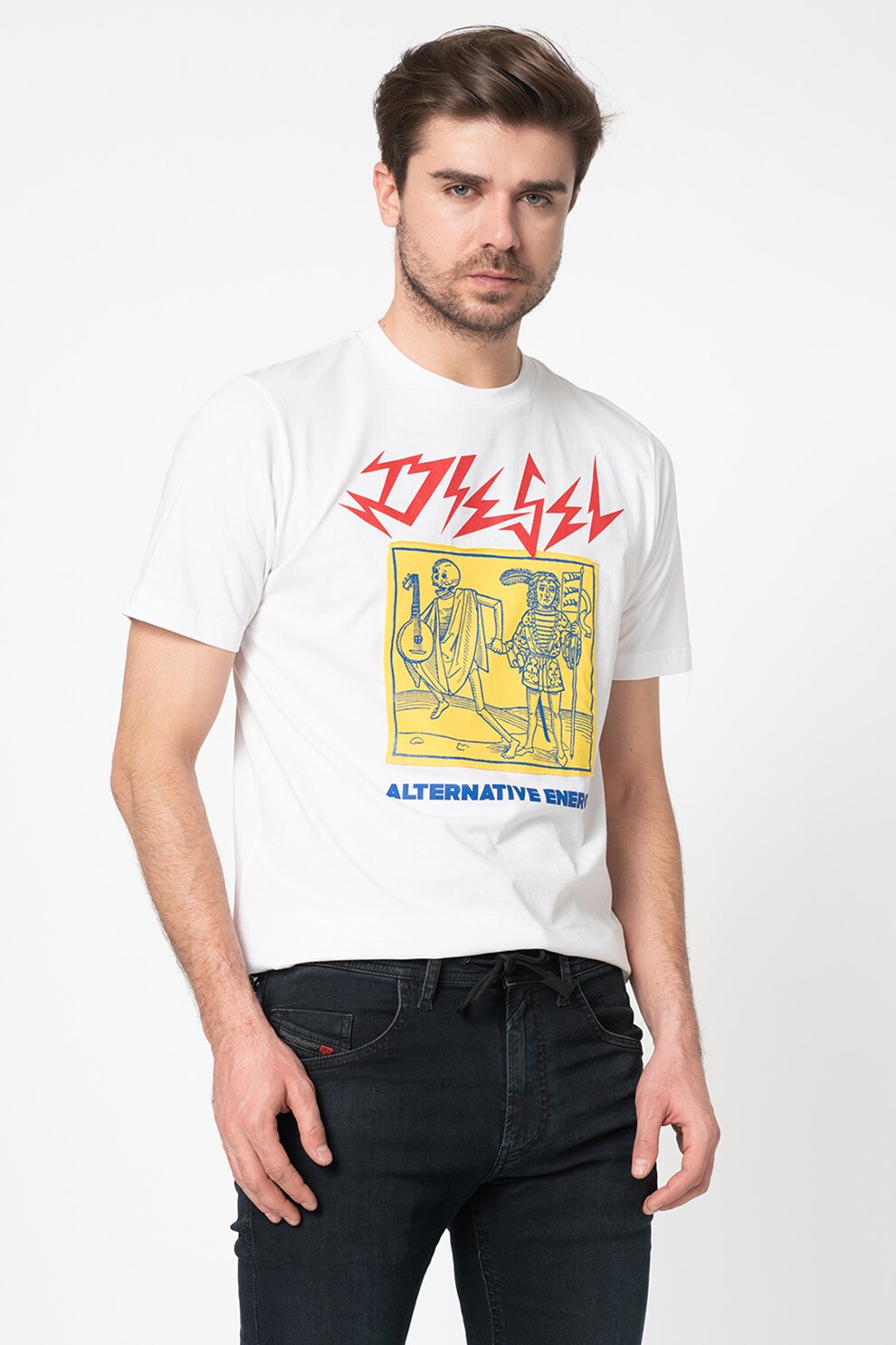 Diesel, Tricou cu imprimeu logo si grafic T-Just, Alb/Rosu/Galben