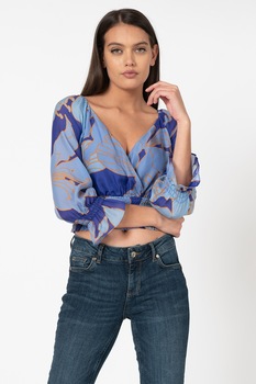 GUESS BY MARCIANO, Bluza crop de matase cu imprimeu floral, Albastru/Violet/Oranj GUESS BY MARCIANO, Bluza crop de matase cu imprimeu floral, Albastru/Violet/Oranj