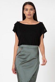 GUESS BY MARCIANO, Tricou cu decolteu pe un umar si nasturi decorativi, Negr cu maro GUESS BY MARCIANO, Tricou cu decolteu pe un umar si nasturi decorativi, Negr cu maro